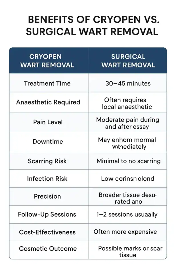Table showing the benefits of cryopen to remove warts Dover compared to surgical treatment